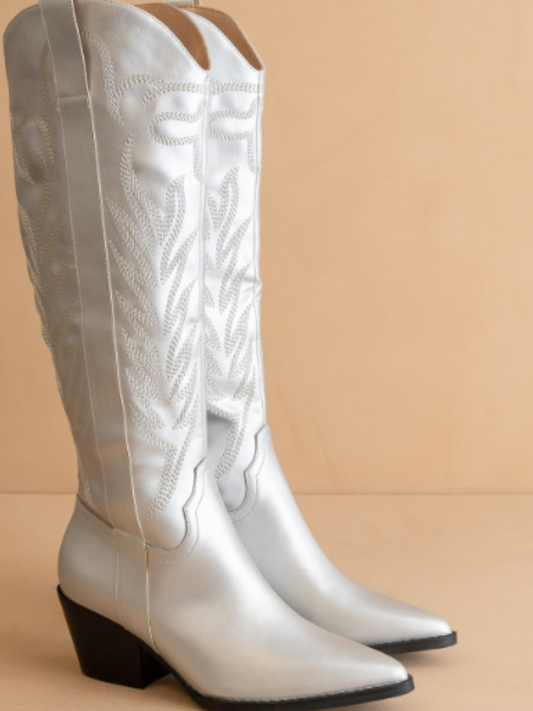 Samara Embroidered Knee High Cowgirl Boots - Silver