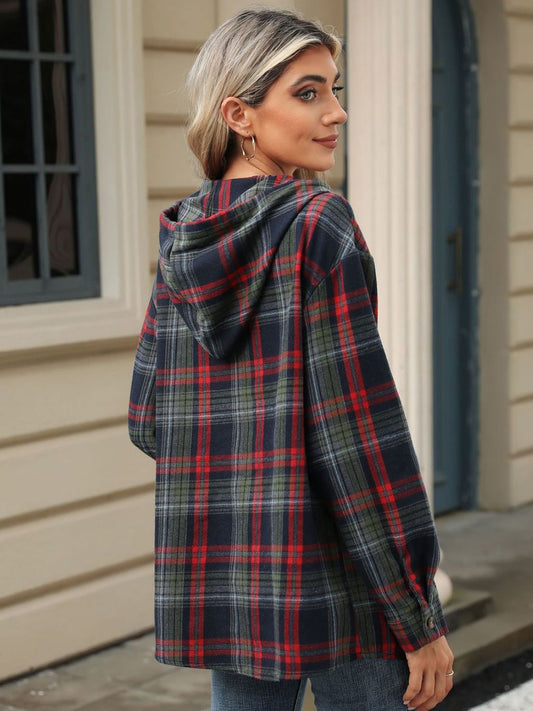 PREORDER: Darcy Drawstring Plaid Hooded Long Sleeve Top