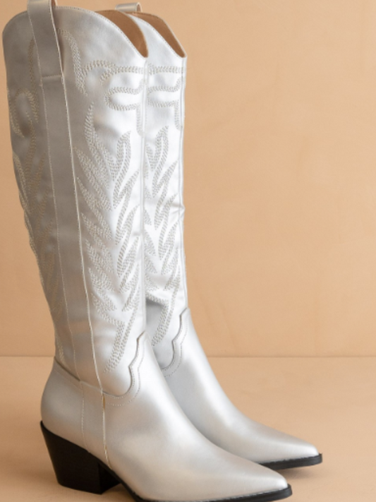 Samara Embroidered Knee High Cowgirl Boots - Silver