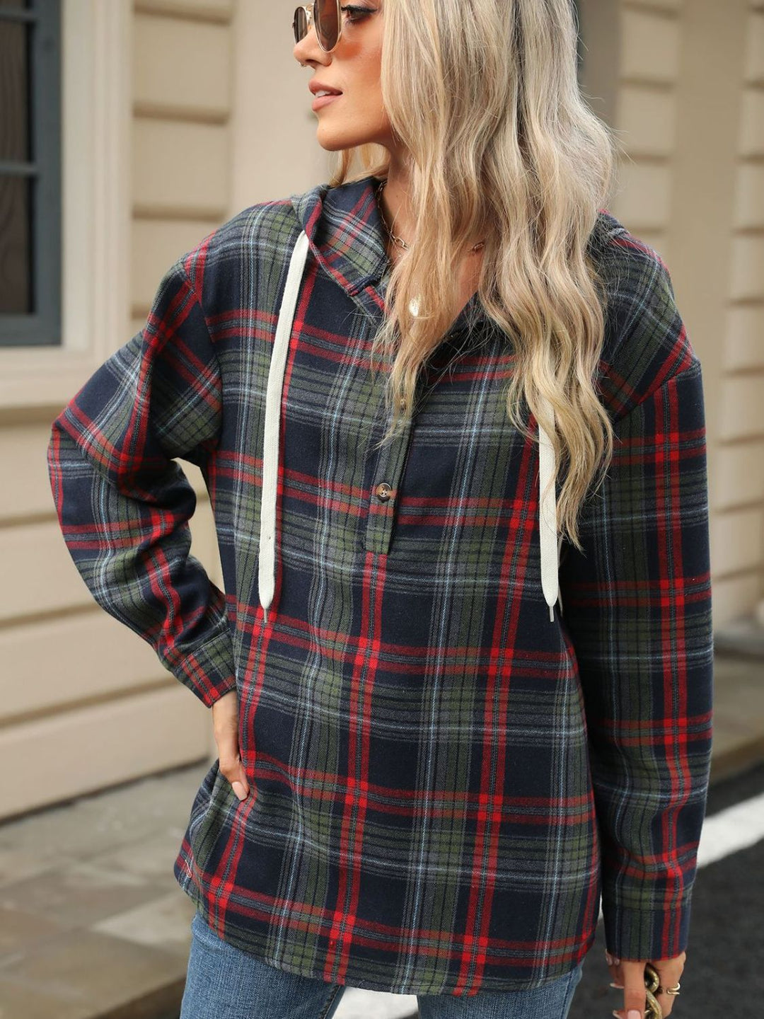 PREORDER: Darcy Drawstring Plaid Hooded Long Sleeve Top