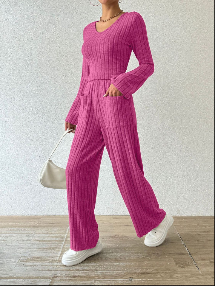 PREORDER: Megan Ribbed V-Neck Long Sleeve Top and Pocketed Pants Set