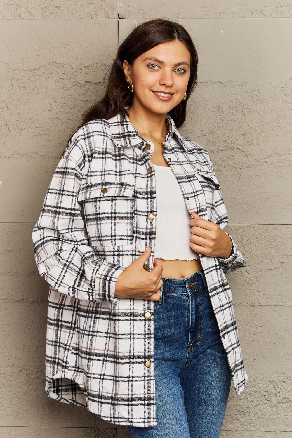 PREORDER: Devlin Full Size Plaid Collared Neck Button-Down Long Sleeve Jacket