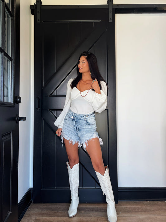 Lindsey Asymmetrical Distressed Shorts - Acid Light wash