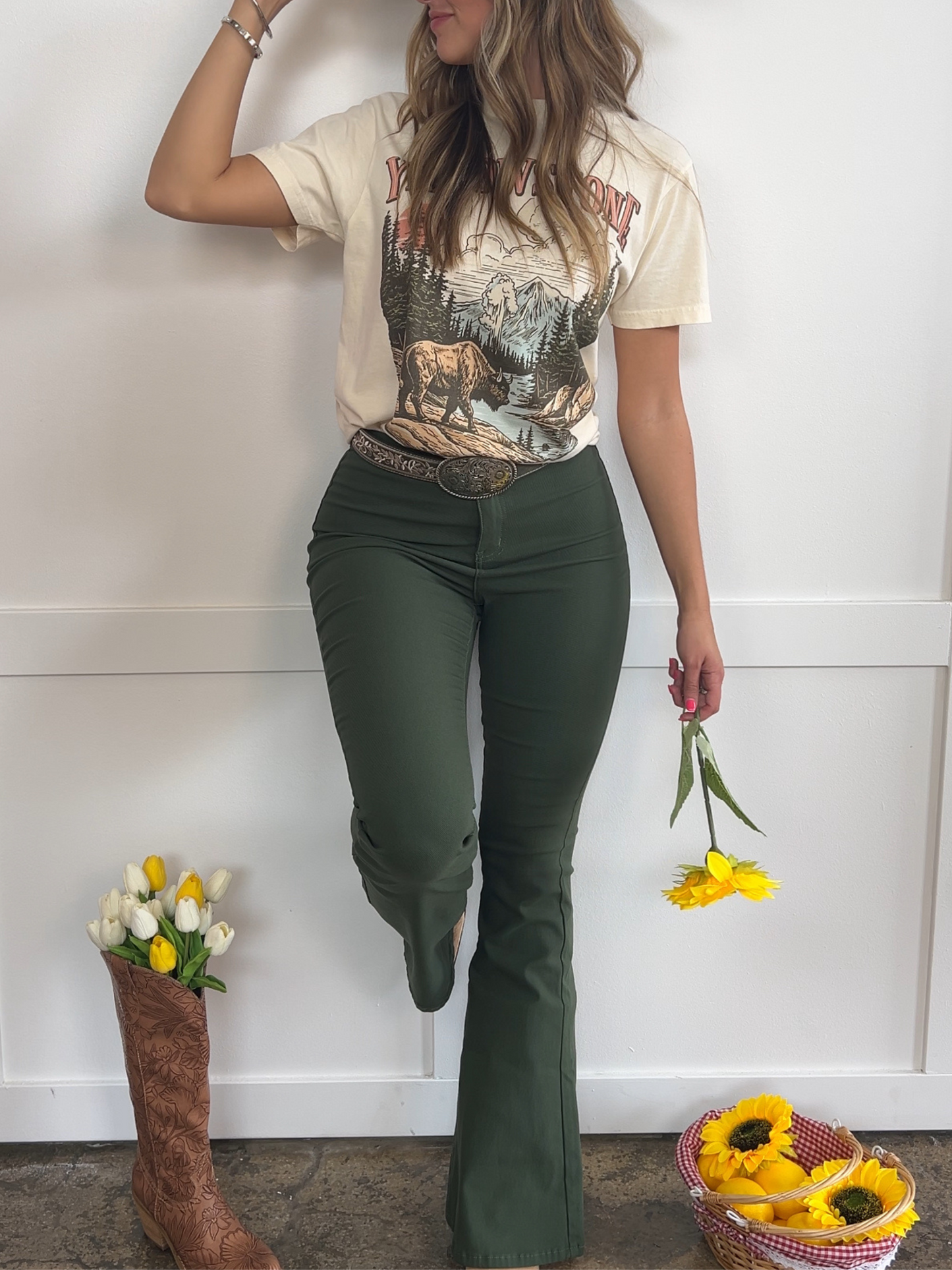 Buy our "Fiona High Waisted Bell Bottom Flare Jeans - Olive" online – Willow Boutique Clothing. Shop stylish Fiona High Waisted Bell Bottom Flare Jeans - Olive today.