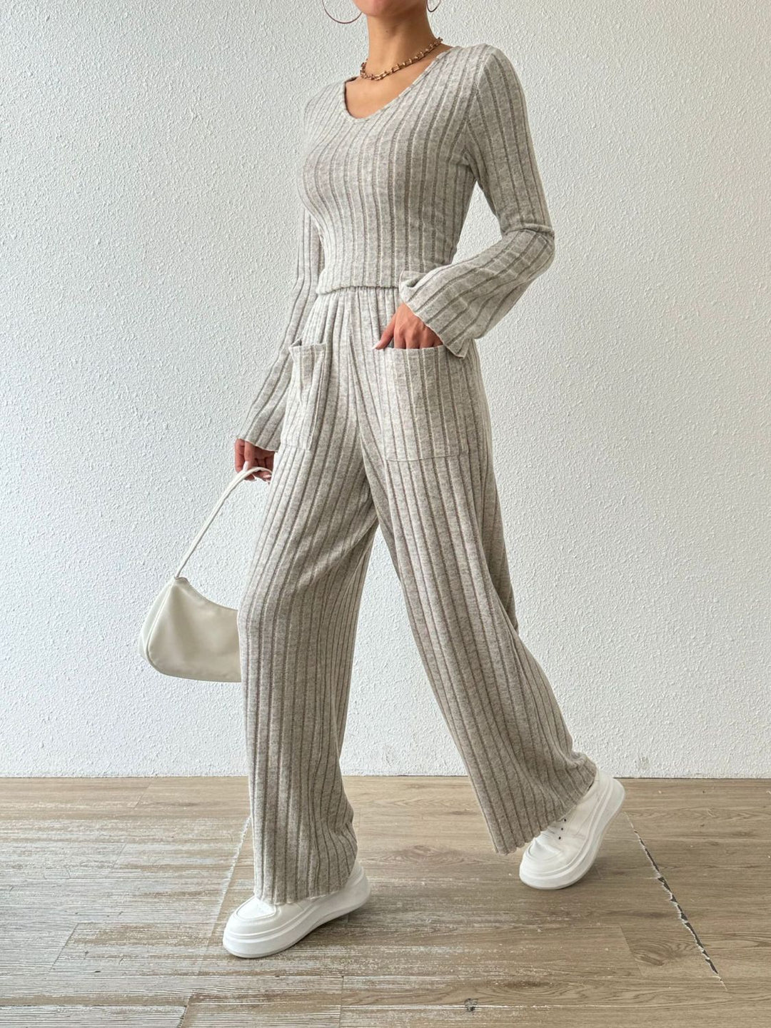 PREORDER: Megan Ribbed V-Neck Long Sleeve Top and Pocketed Pants Set