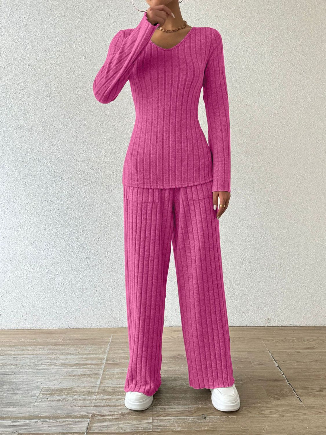 PREORDER: Megan Ribbed V-Neck Long Sleeve Top and Pocketed Pants Set