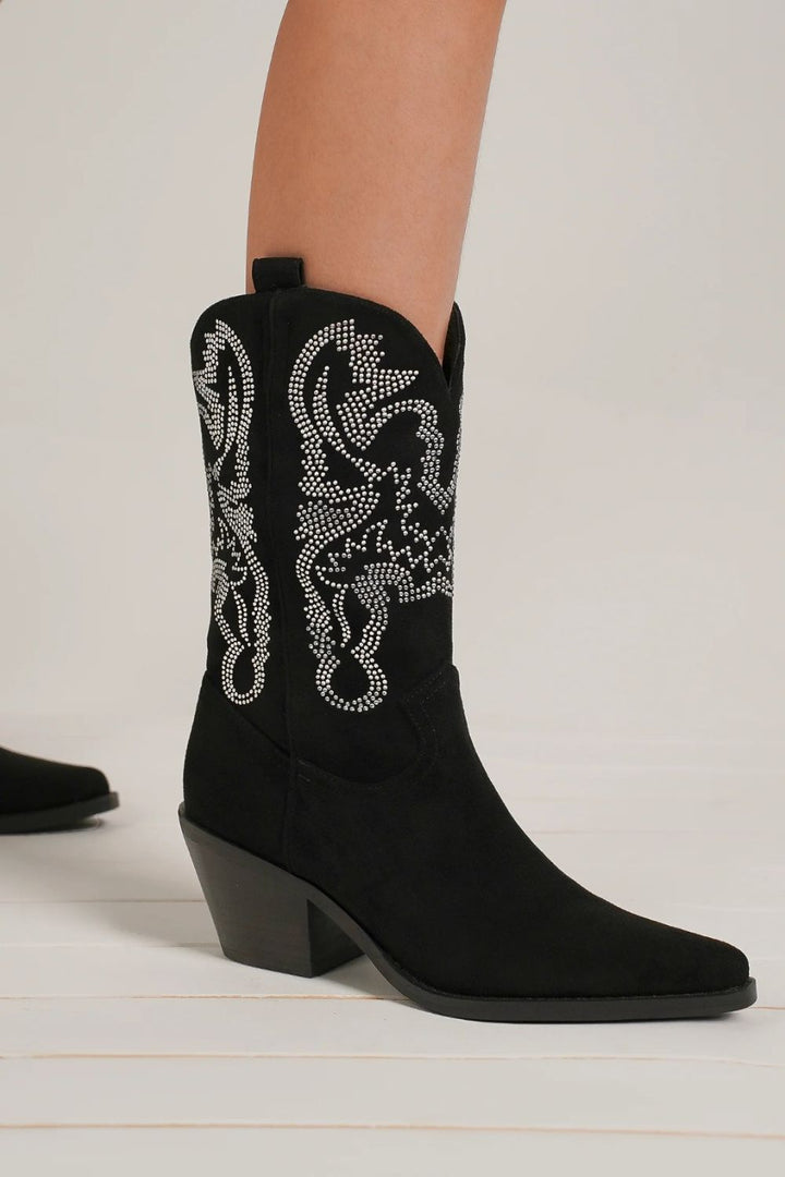 Tilly Rhinestone Point Toe Boots- Black