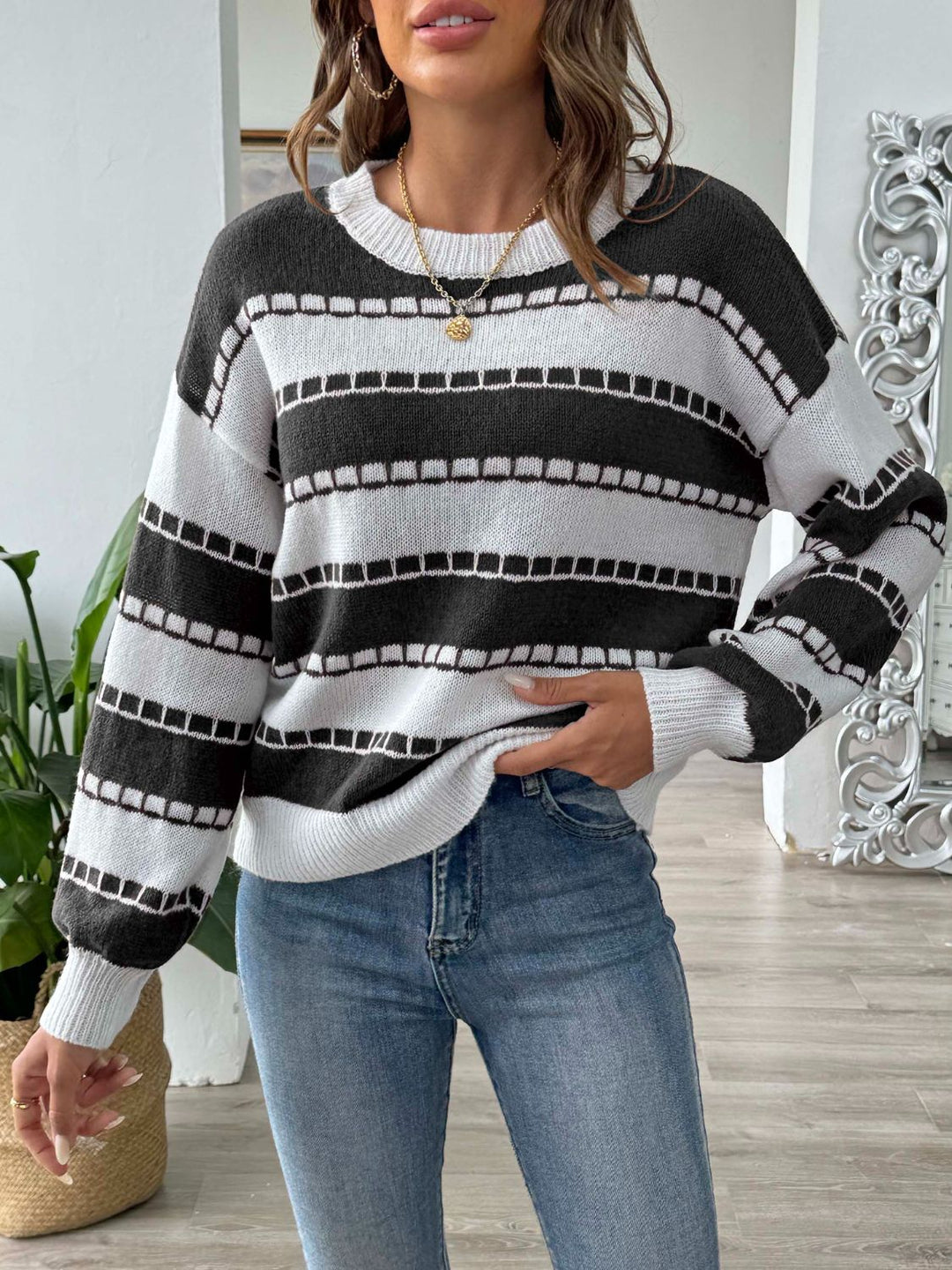 PREORDER: Hazel Hues Striped Round Neck Long Sleeve Sweater