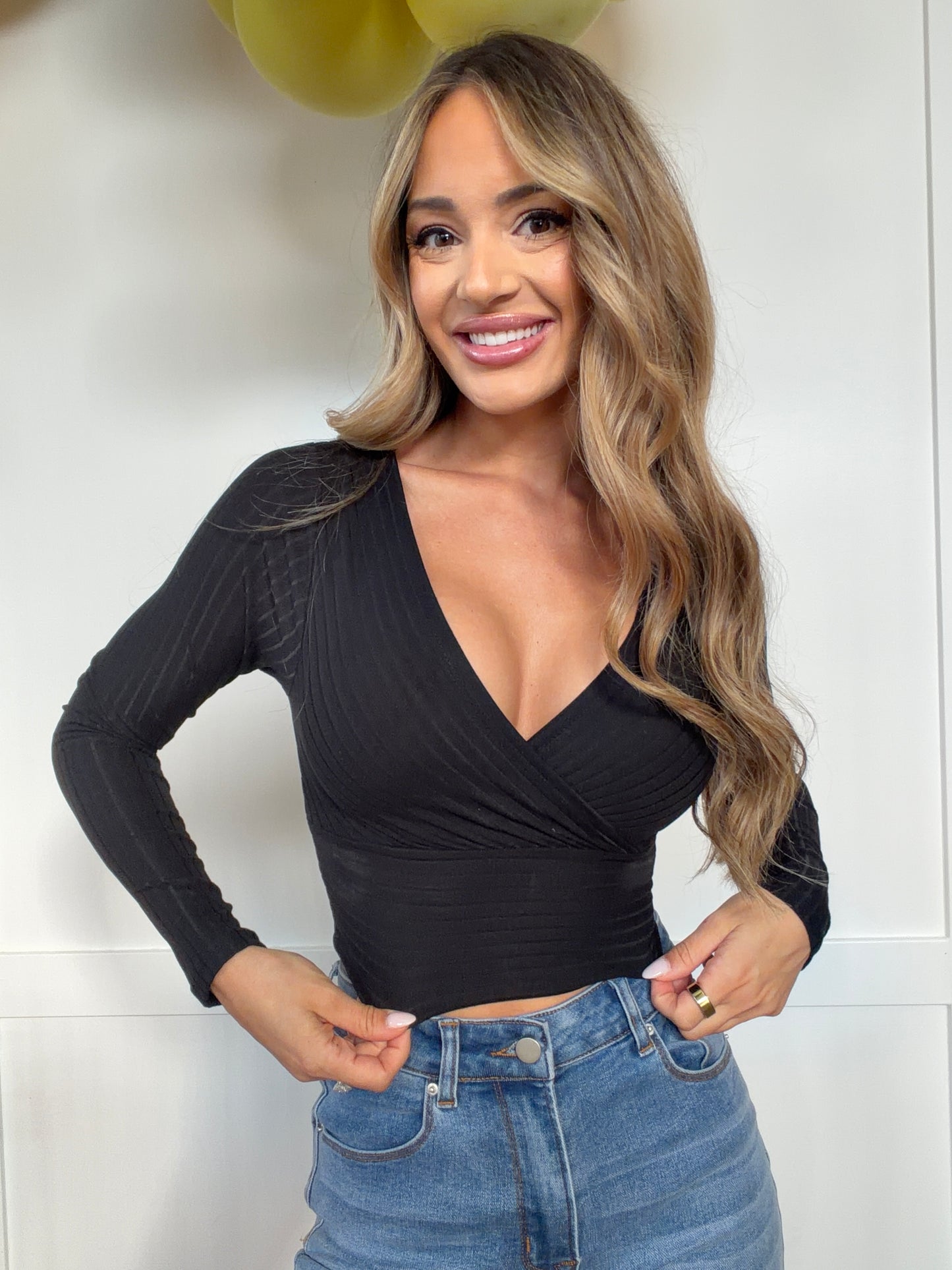 Gabriela Ribbed Crop Waist Band Long Sleeve Top