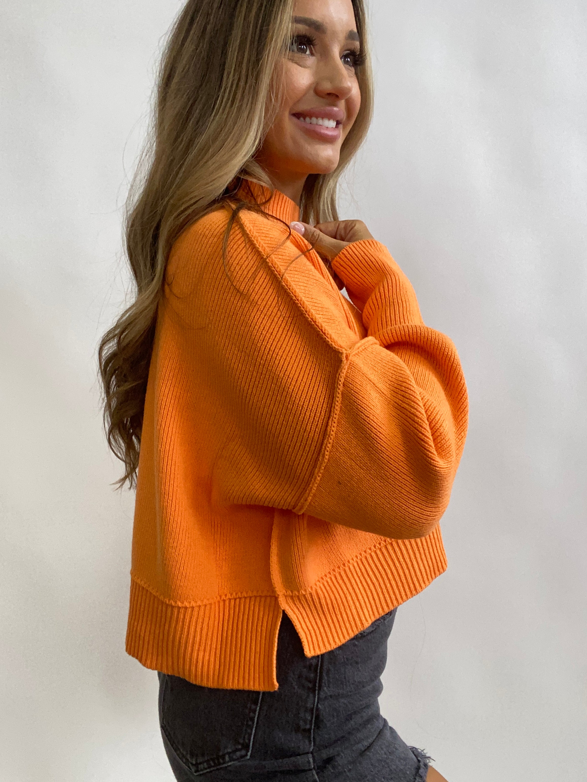 Side Slit Oversized Cropped Sweater- Light Orange
