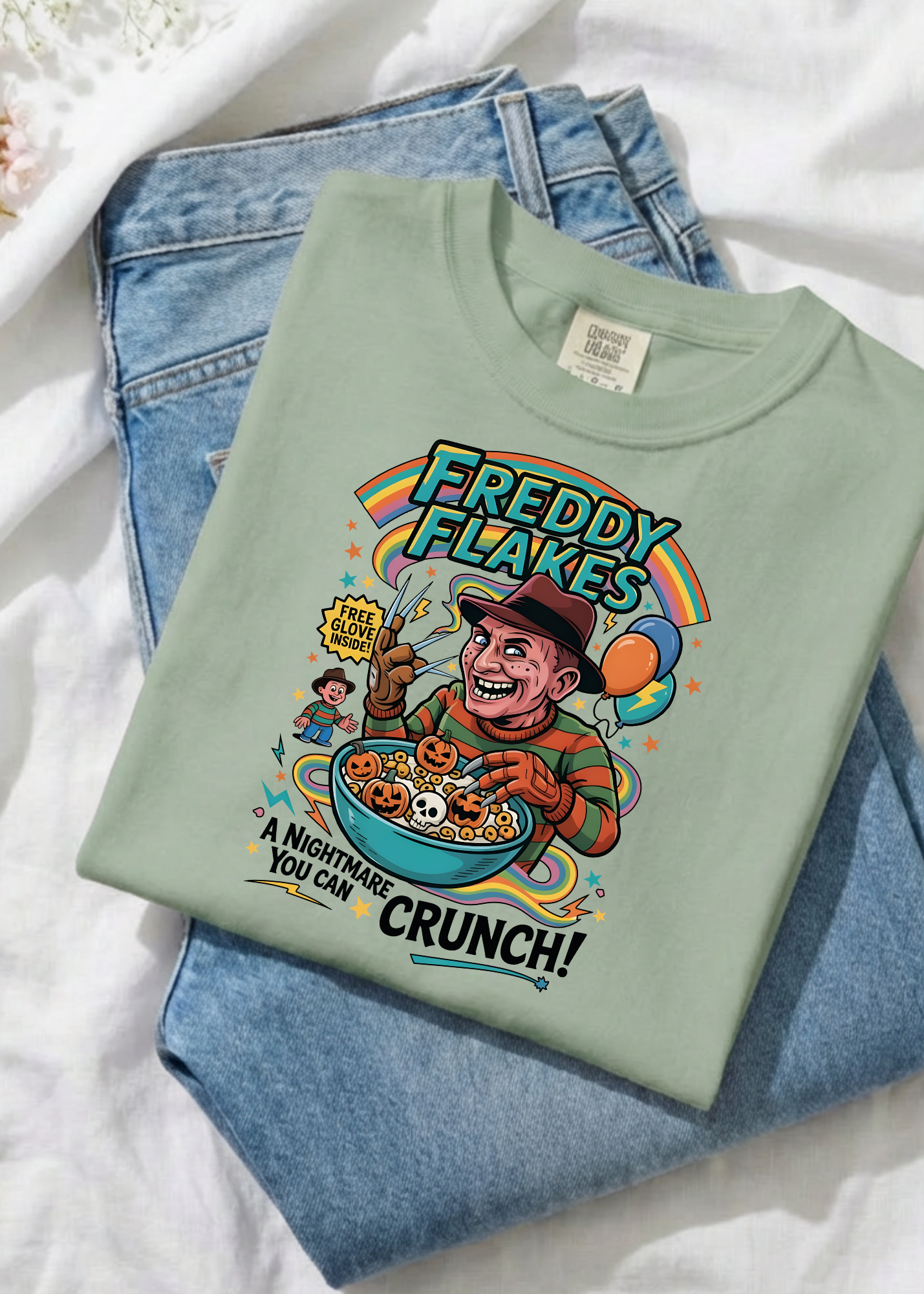 Light green t-shirt with 'Freddy Flakes' graphic design on a white background