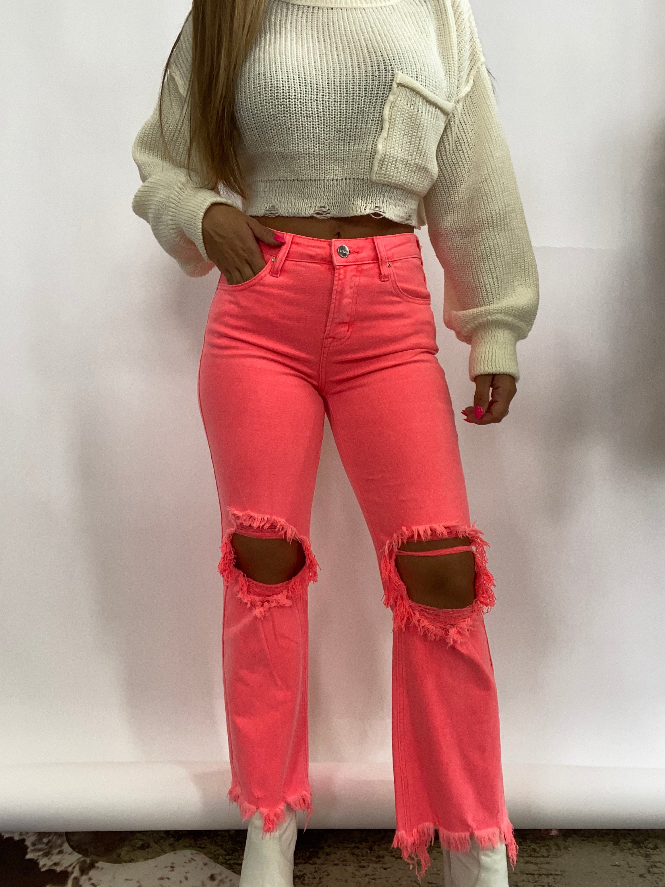 Coral High Rise Wide Leg Distressed Risen Jeans