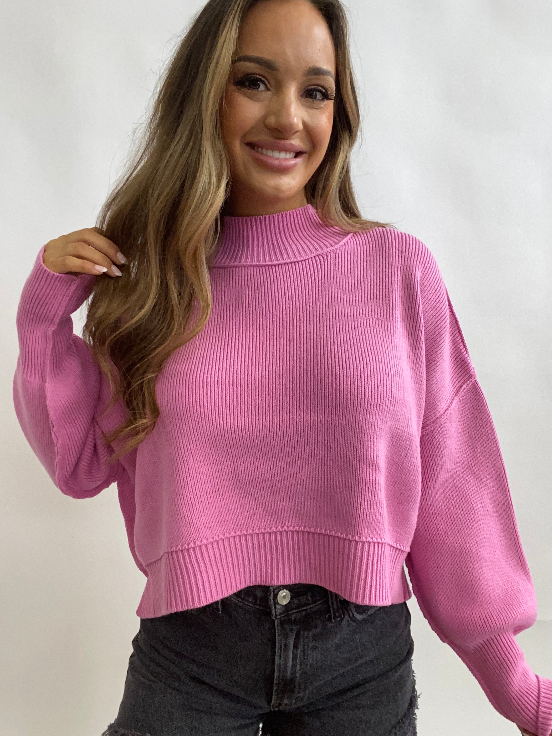 Side Slit Oversized Cropped Sweater- Candy Pink
