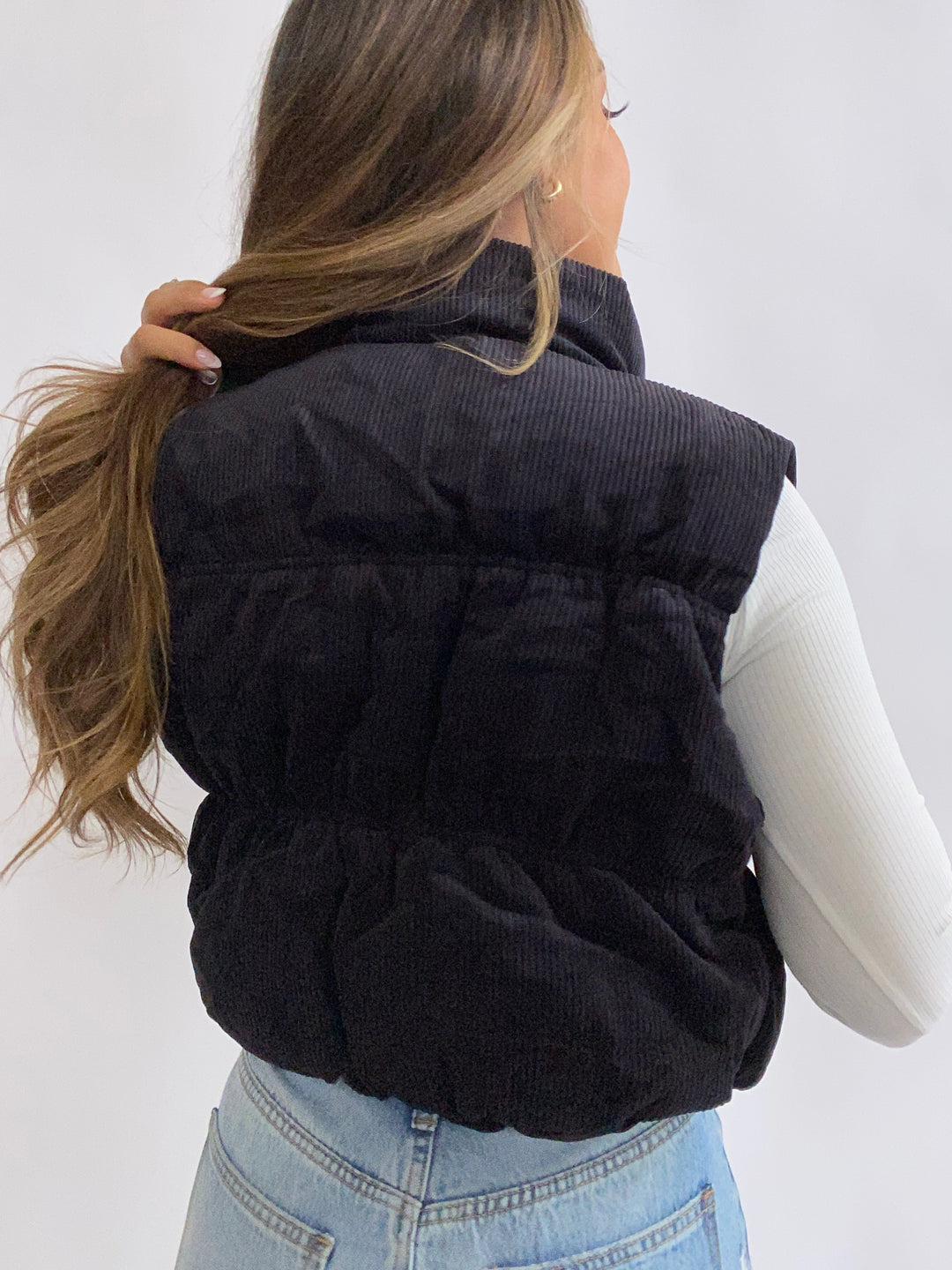 Corduroy Zip Up Puffer Vest - Black