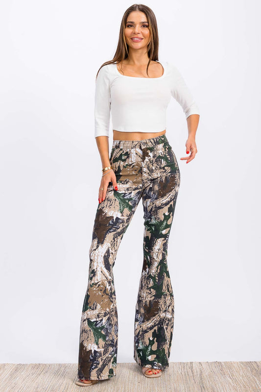 Fiona High Waisted Bell Bottom Flare Jeans - Camo