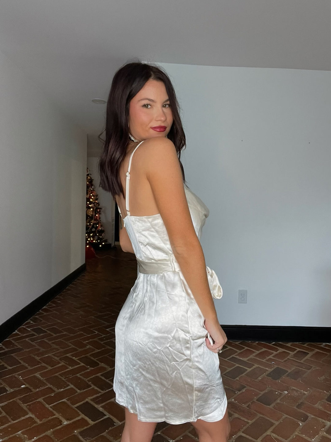 Jennifer Cowl Neck Bodycon Satin Fabric Mini Dress - White