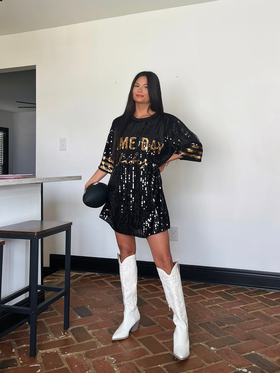 Black Game Day Football Sequin Shirt Dress