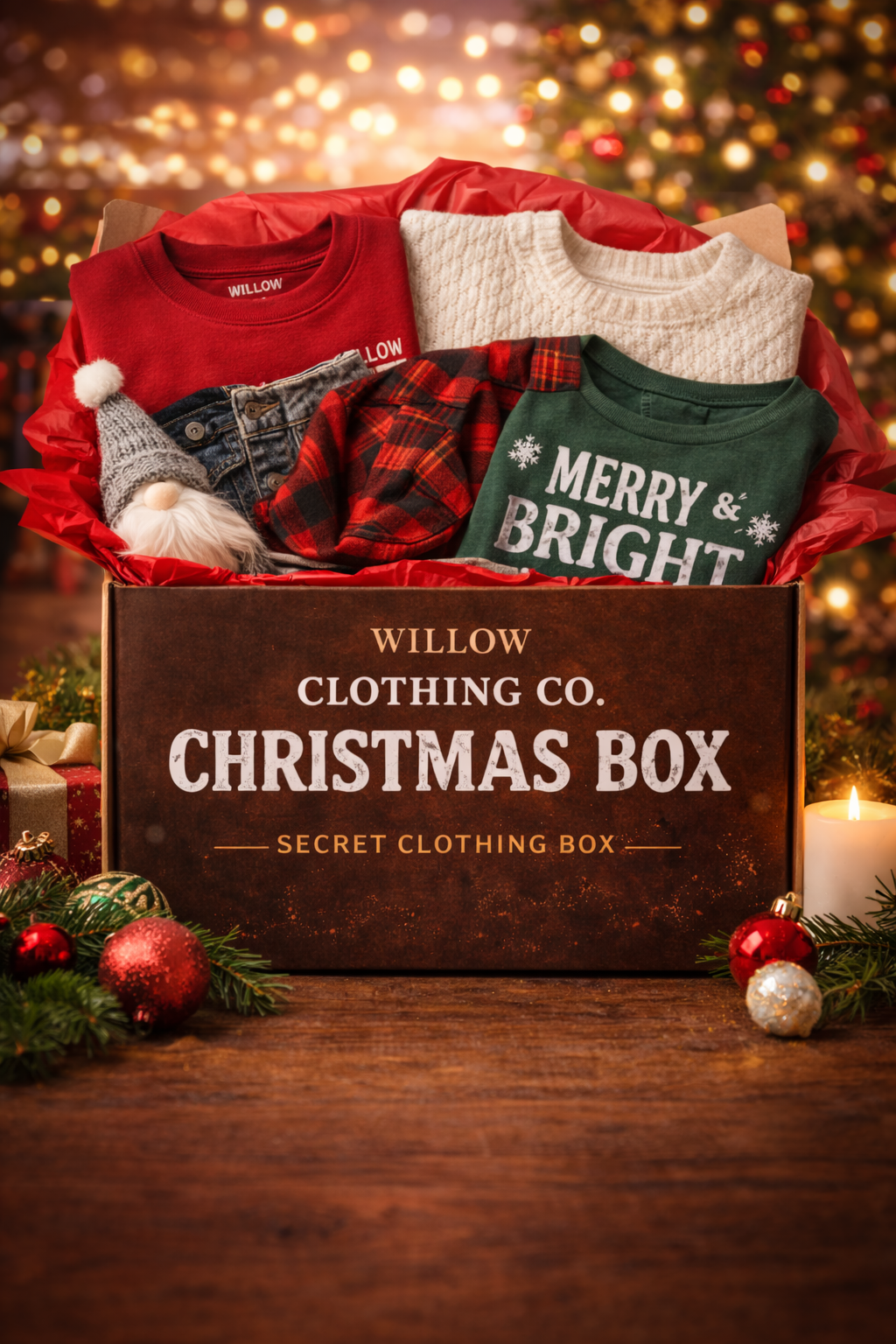 Woman wearing Willow Clothing Co Christmas Box in XS shown in front view