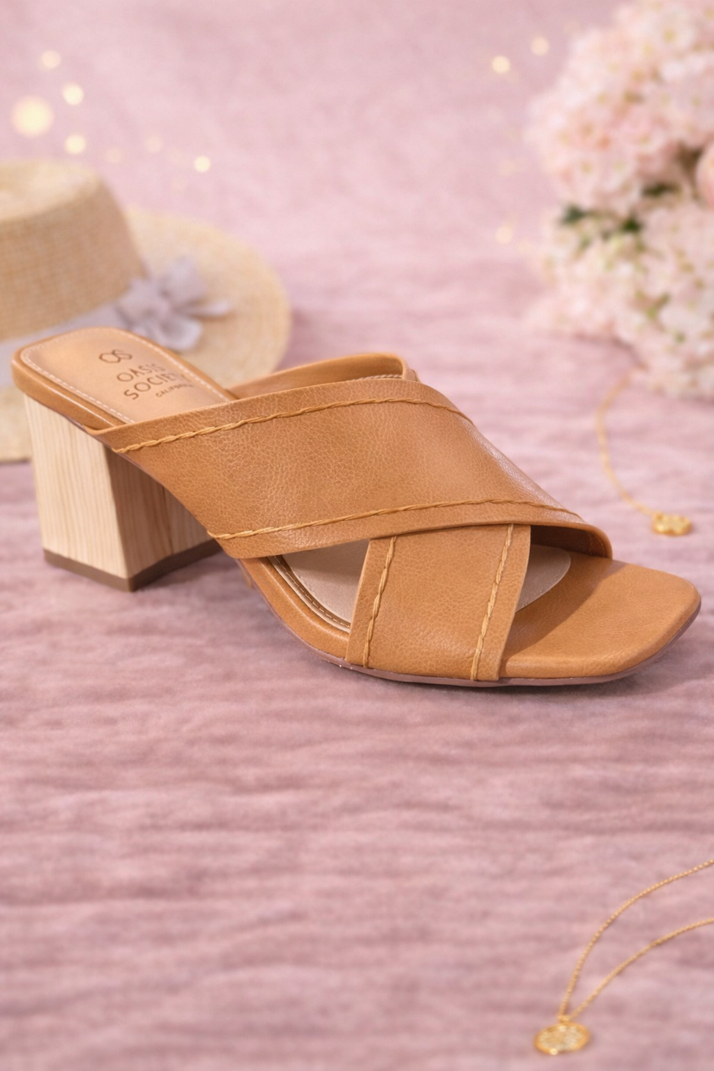 Jade Cross Strap Wooden Heel - Tan