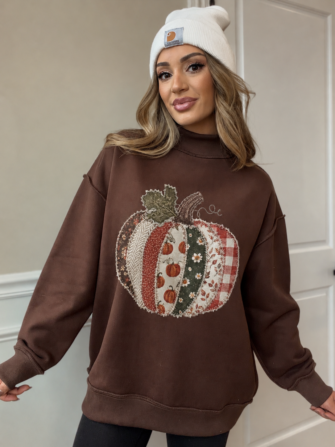 Tilly Pumpkin' Patch Work Brown Oversized Mockneck Crew