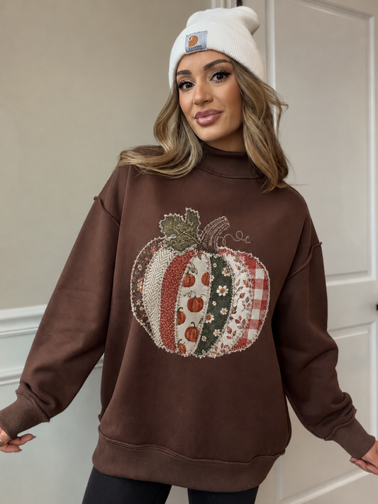 Tilly Pumpkin' Patch Work Brown Oversized Mockneck Crew