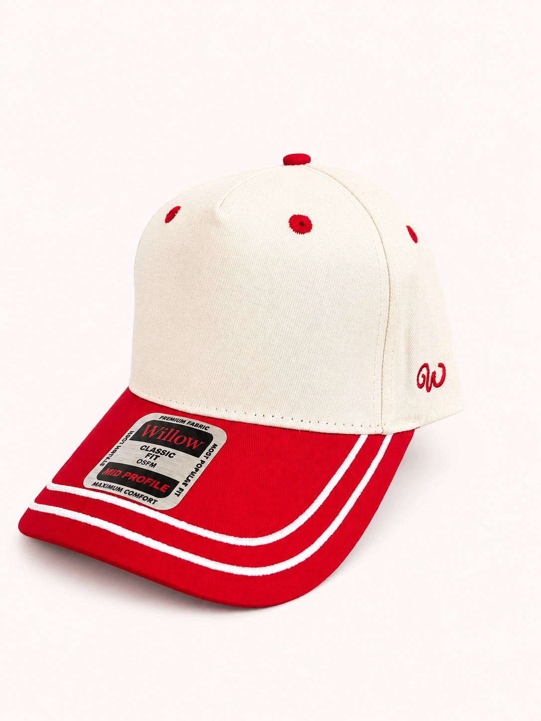 White and red cap with a logo on a white background