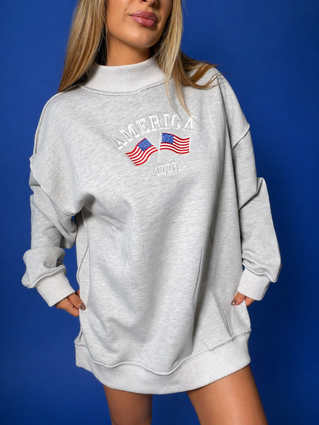 Tilly Star Spangled Embroidered Reversible Oversized Mockneck Crew