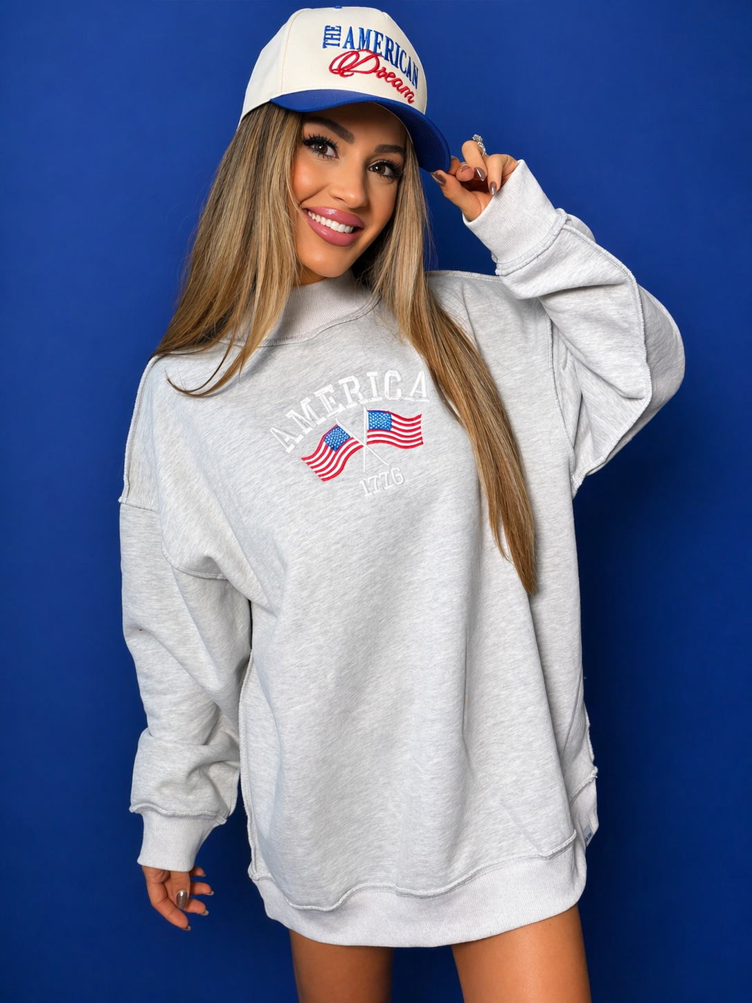 Tilly Star Spangled Embroidered Reversible Oversized Mockneck Crew