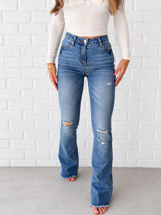 Sarah Distressed Medium Wash Flares