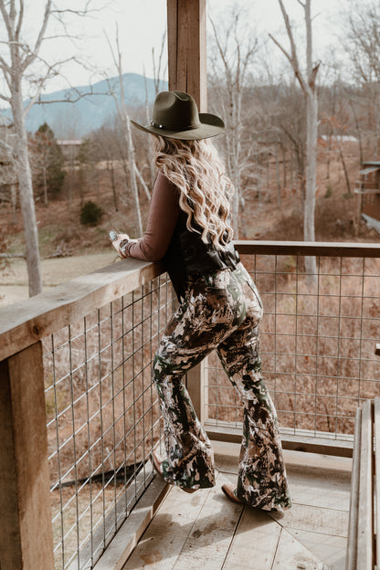 Fiona High Waisted Bell Bottom Flare Jeans - Woodland Green Camo