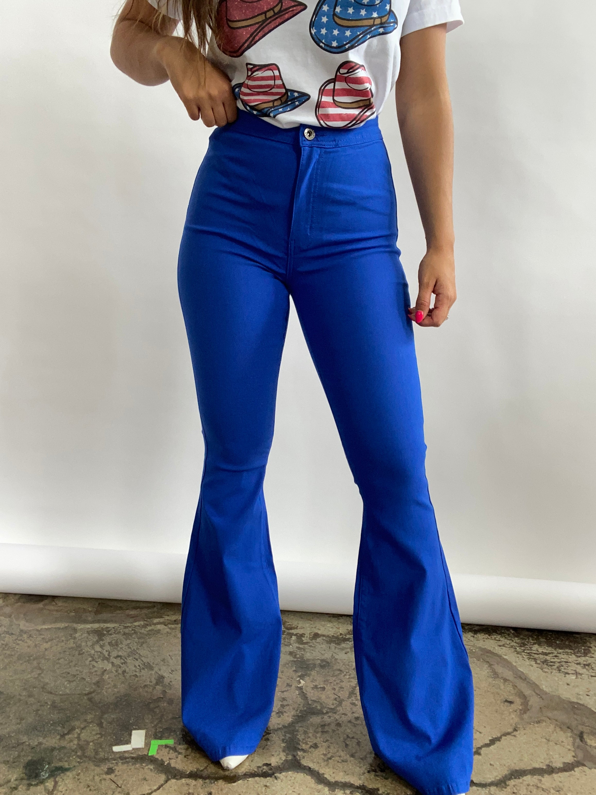Fiona High Waisted Bell Bottom Flare Jeans - Royal Blue