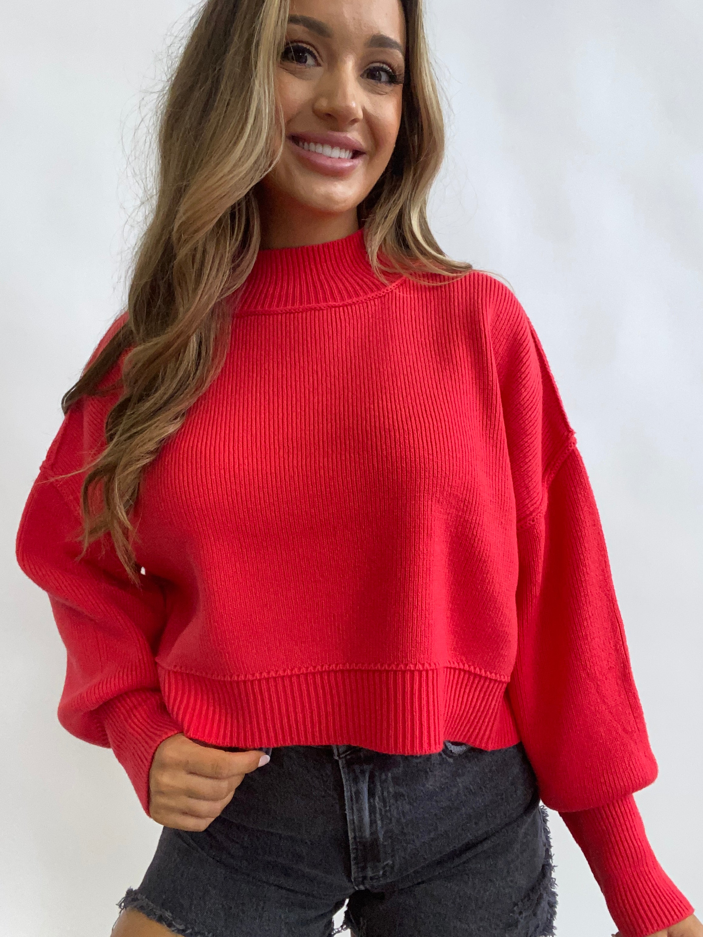 Side Slit Oversized Cropped Sweater- Light Red