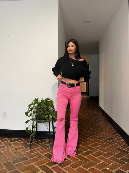 Buy our "Farrah Distressed High Waisted Flares- Pink" online – Willow Boutique Clothing. Shop stylish Farrah Distressed High Waisted Flares- Pink today.