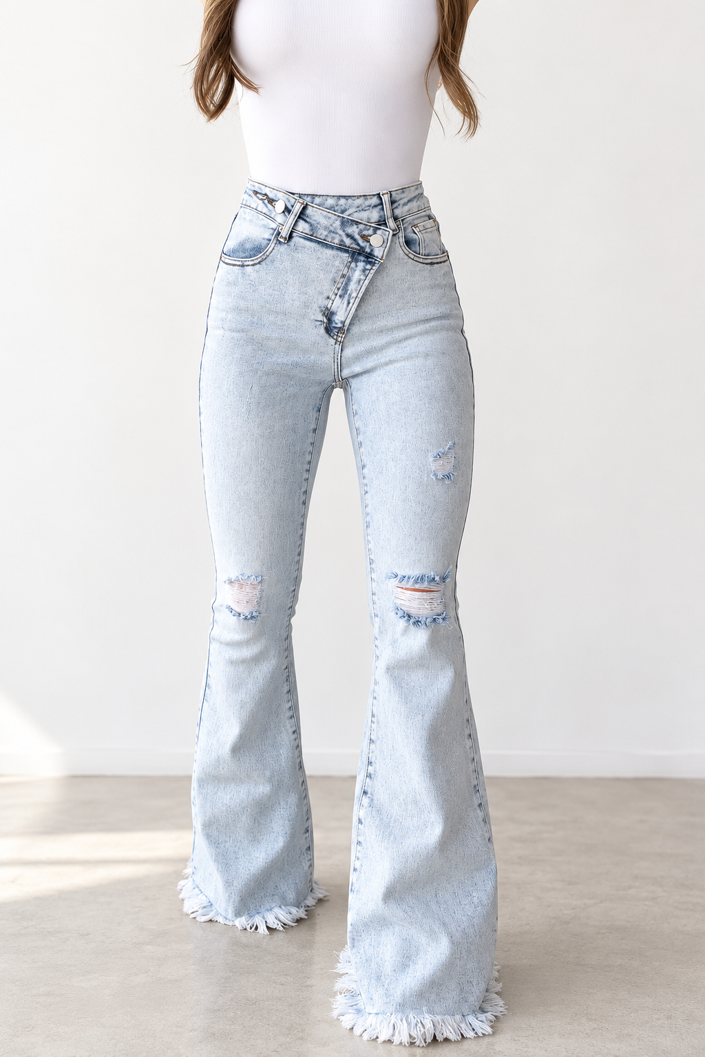 Lucy Asymmetrical Distressed Flare Jeans
