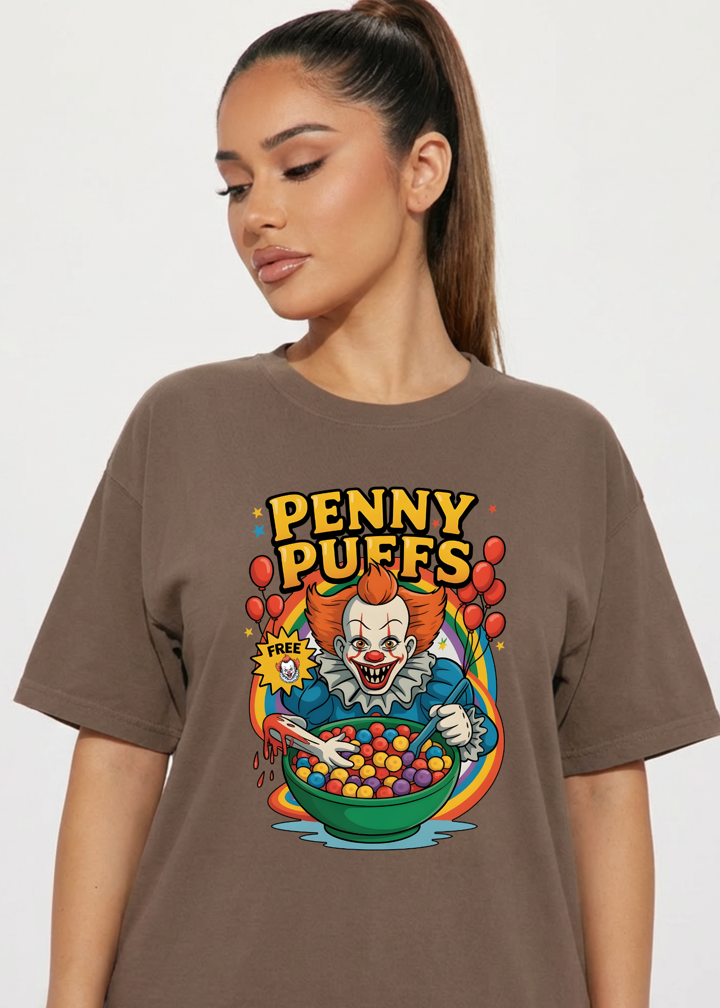 Person wearing a brown t-shirt with 'Penny Puffs' graphic design.