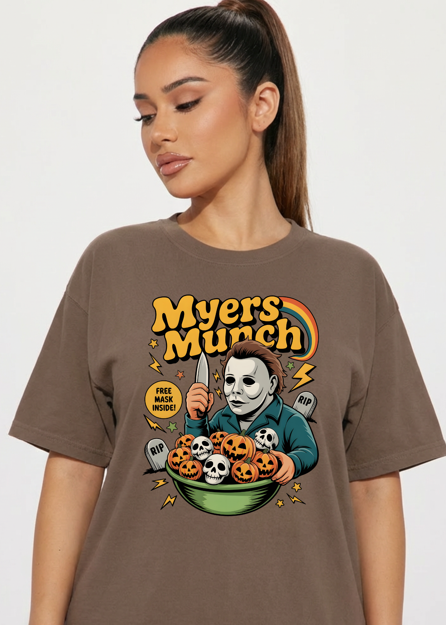 Person wearing a brown t-shirt with 'Myers Munch' graphic design.