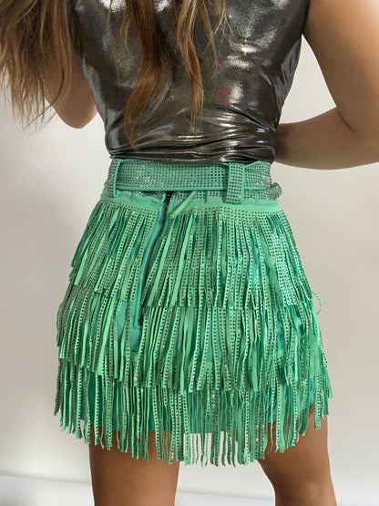 Nashville Babe Rhinestone Fringe Mini Skirt- Turquoise