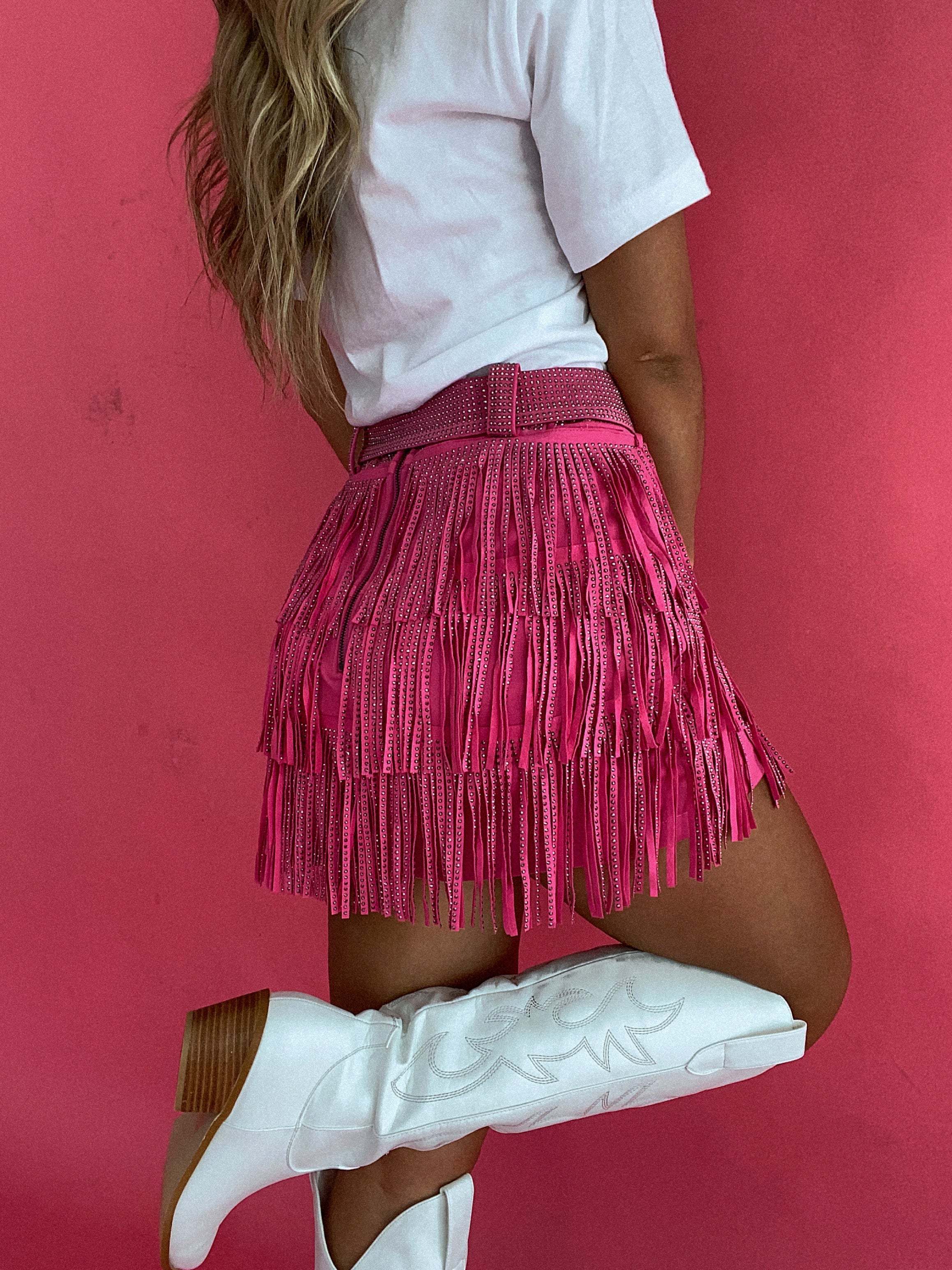 IMPERFECT: Nashville Babe Rhinestone Fringe Mini Skirt- Pink