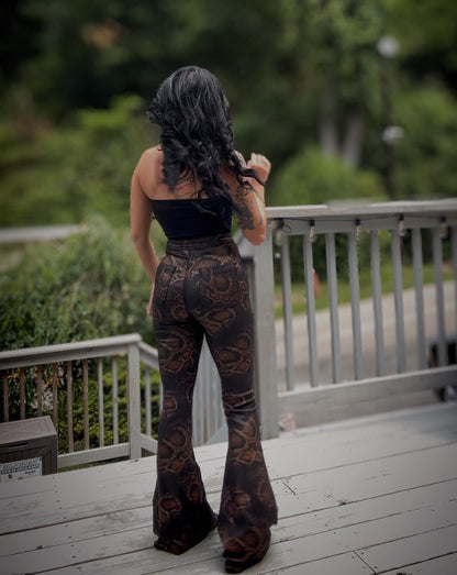 Fiona High Waisted Bell Bottom Flare Jeans - Snakeprint