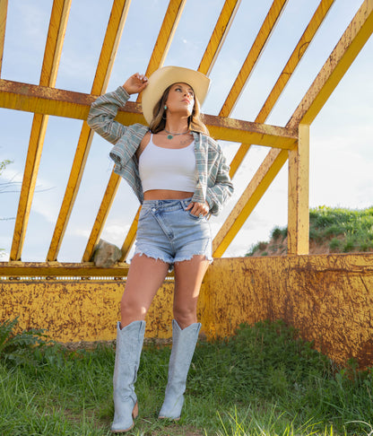 Lindsey Asymmetrical Distressed Shorts- Medium Wash