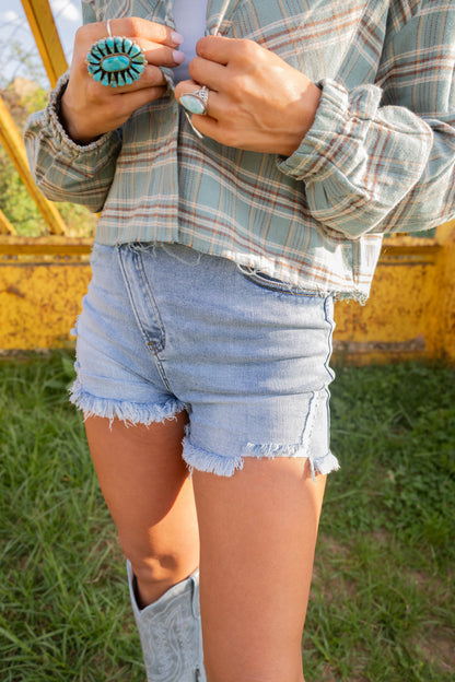 Lindsey Asymmetrical Distressed Shorts- Medium Wash