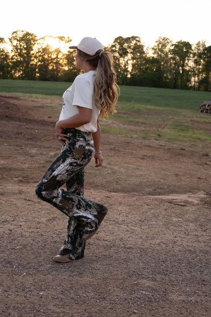 Fiona High Waisted Bell Bottom Flare Jeans - Woodland Green Camo