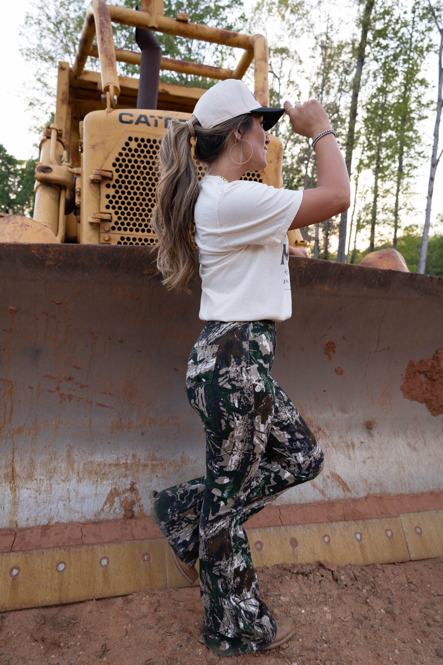 Fiona High Waisted Bell Bottom Flare Jeans - Woodland Green Camo