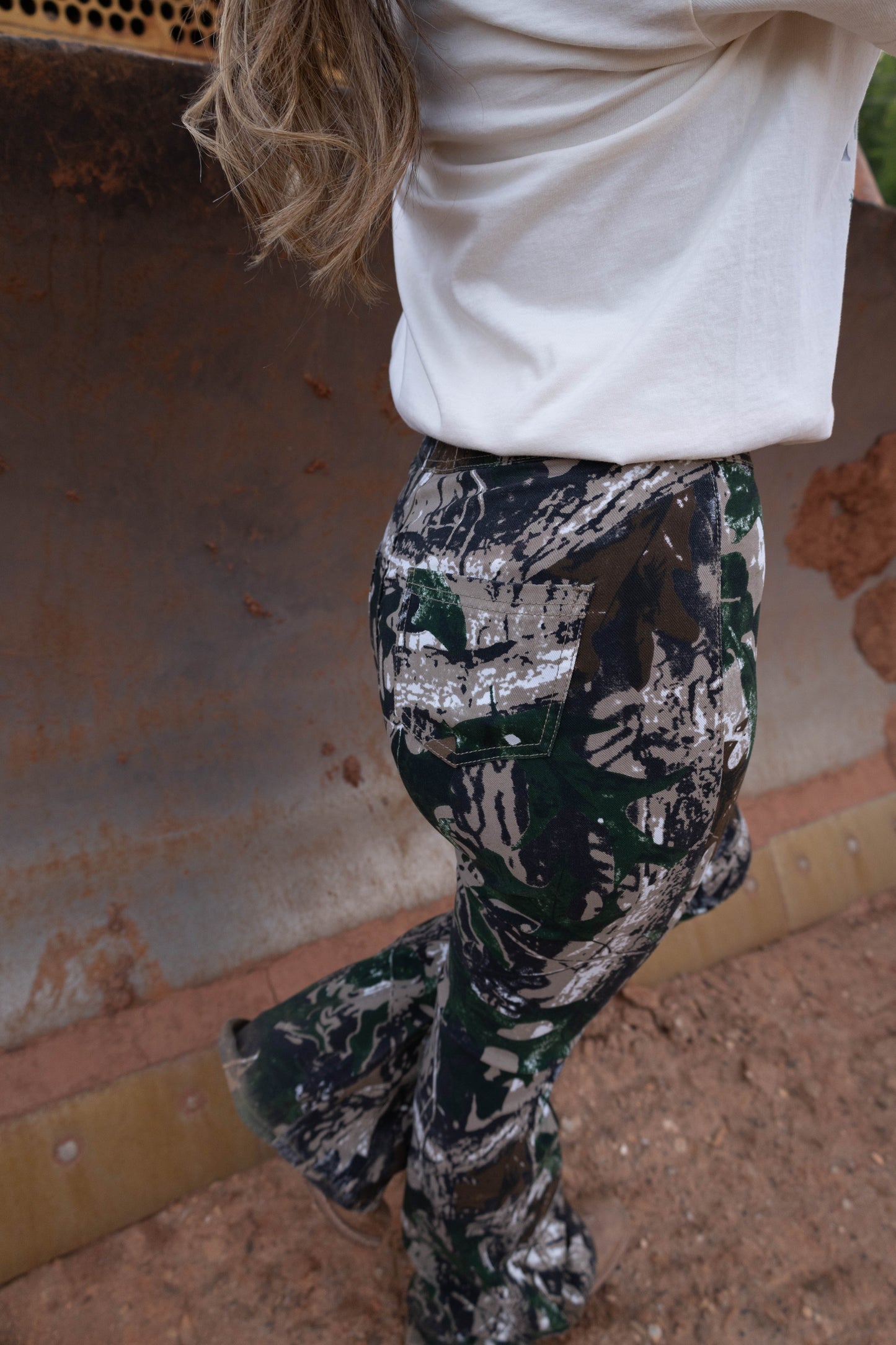 Fiona High Waisted Bell Bottom Flare Jeans - Woodland Green Camo