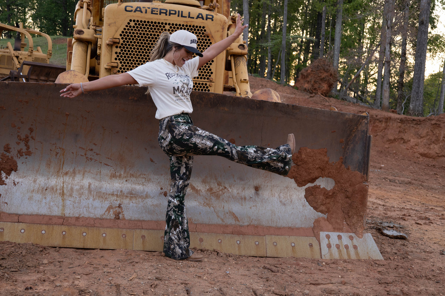 Fiona High Waisted Bell Bottom Flare Jeans - Woodland Green Camo