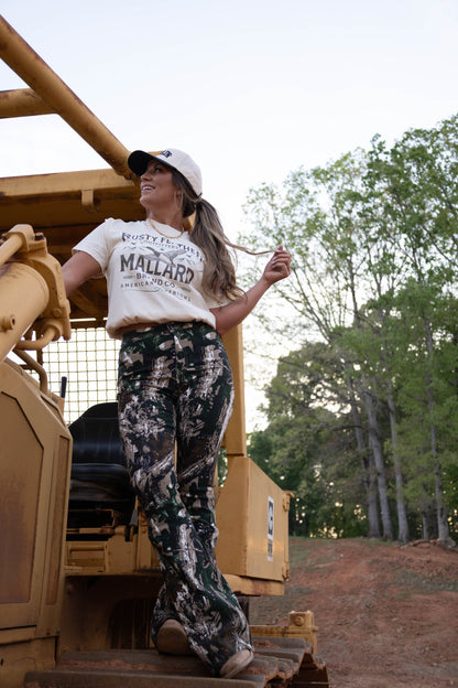 Fiona High Waisted Bell Bottom Flare Jeans - Woodland Green Camo
