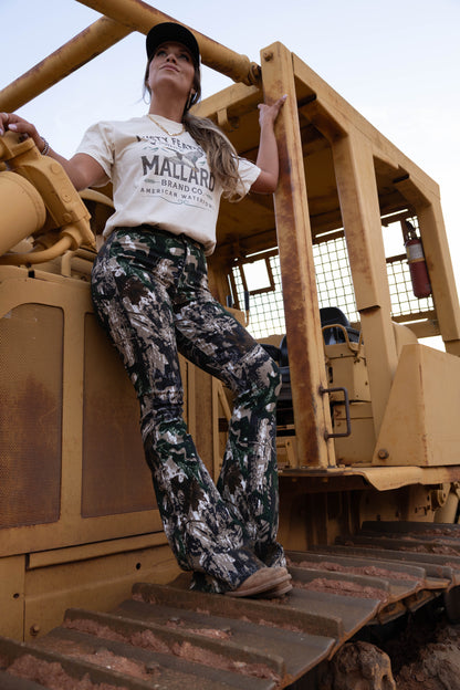 Fiona High Waisted Bell Bottom Flare Jeans - Woodland Green Camo