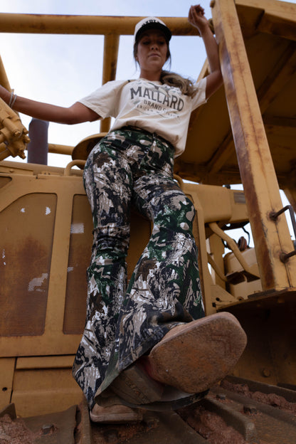 Fiona High Waisted Bell Bottom Flare Jeans - Woodland Green Camo