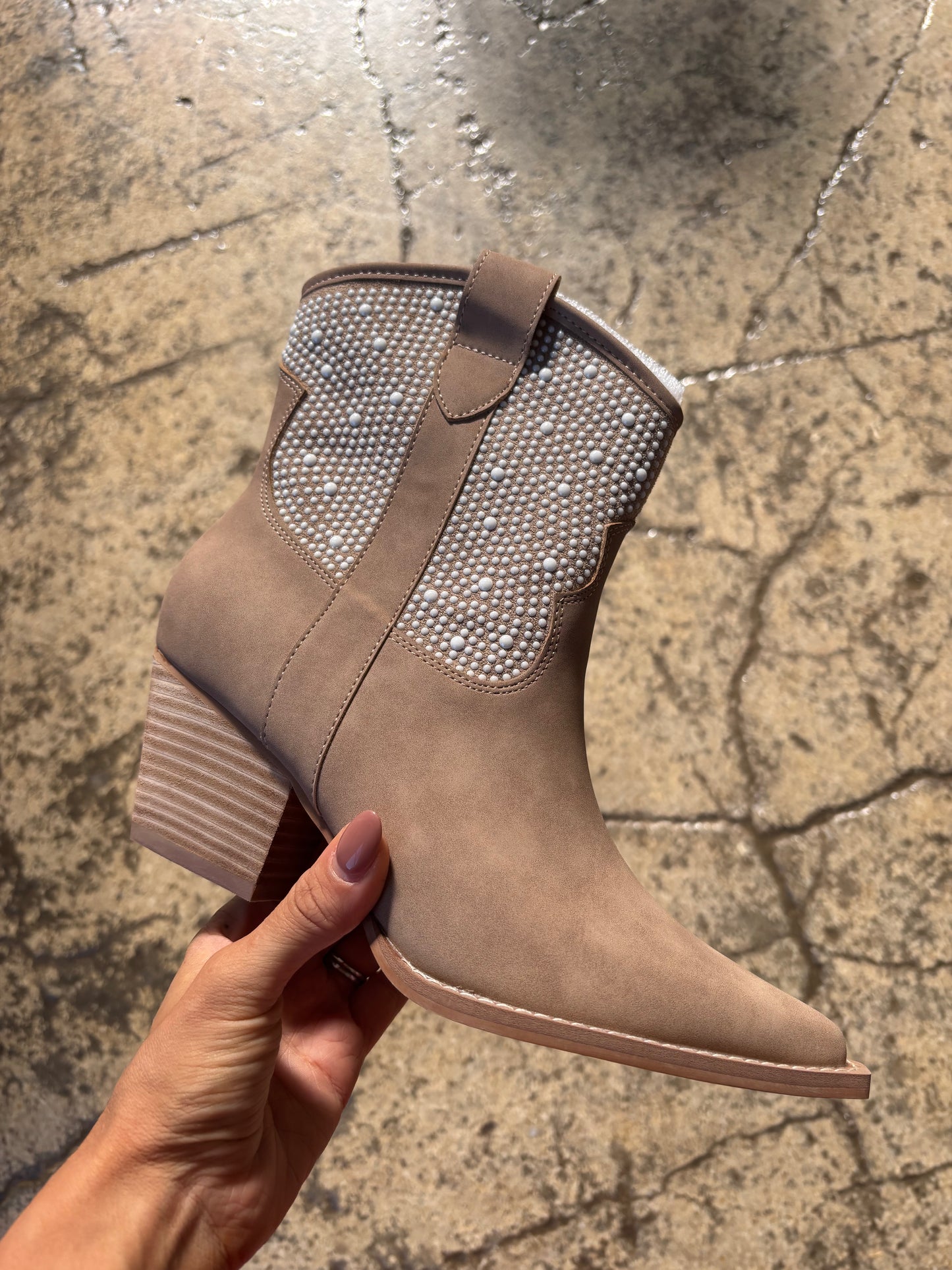 Cannes Cedar Wood Pointed Pearl Embroidered Ankle Bootie