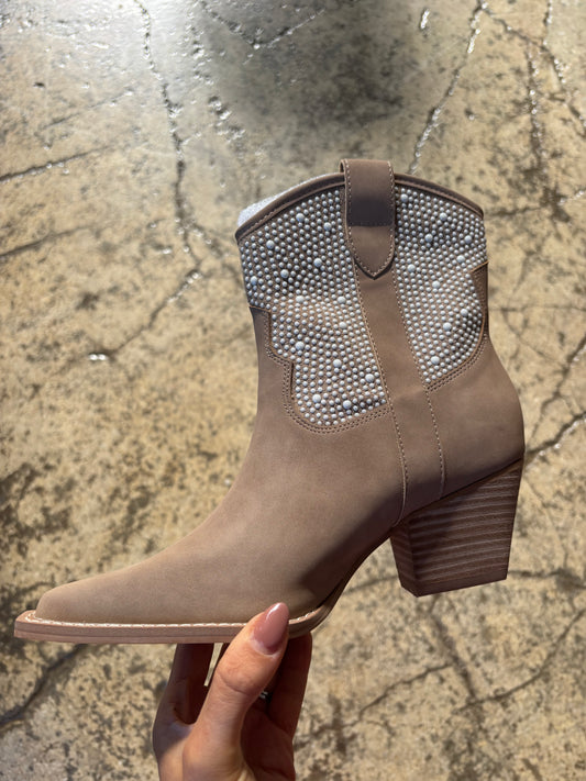 Cannes Cedar Wood Pointed Pearl Embroidered Ankle Bootie